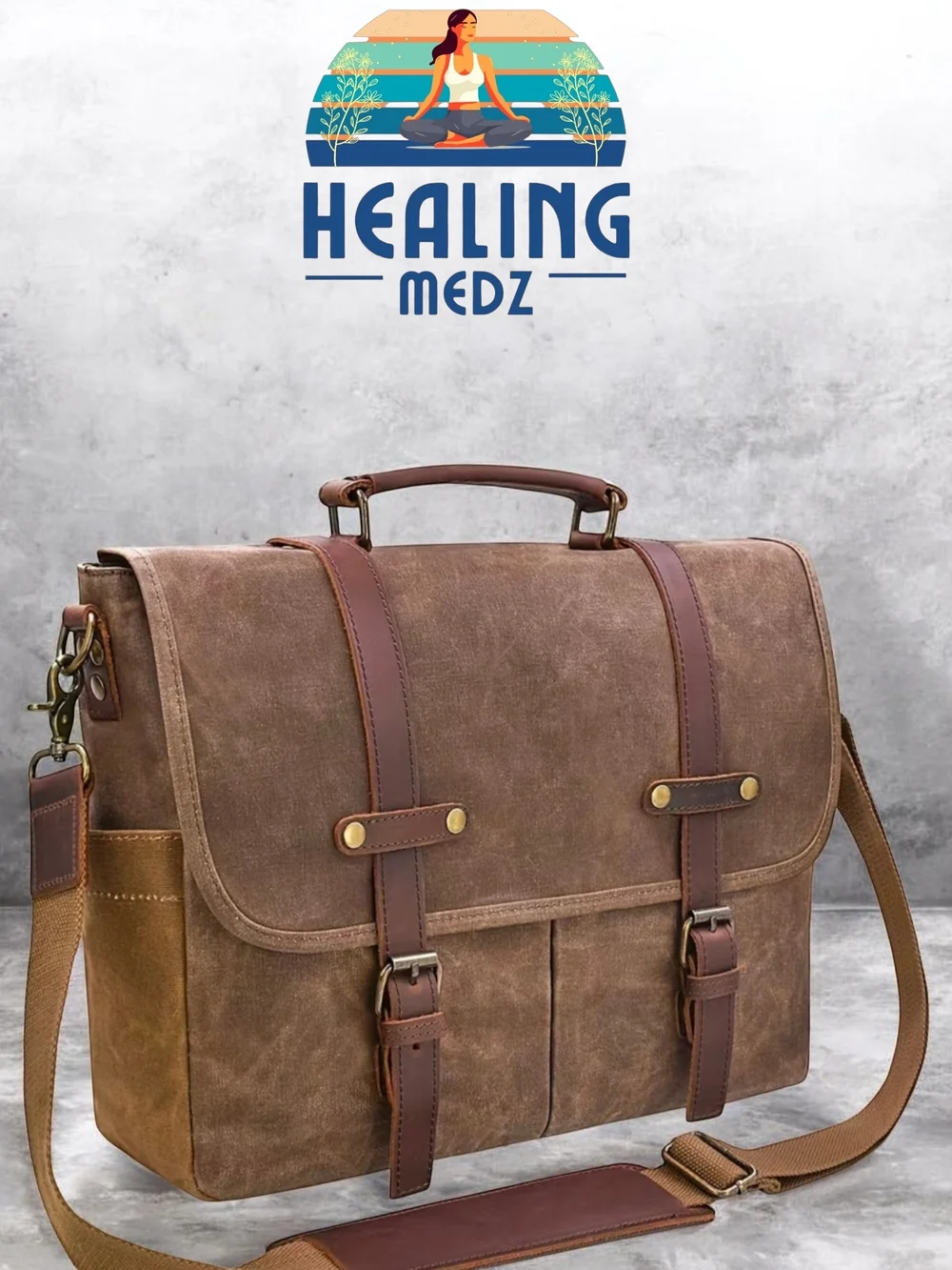 Mens Coffee Brown Vintage Messenger Bag 15.6 Inch Vintage Waxed Canvas Briefcase